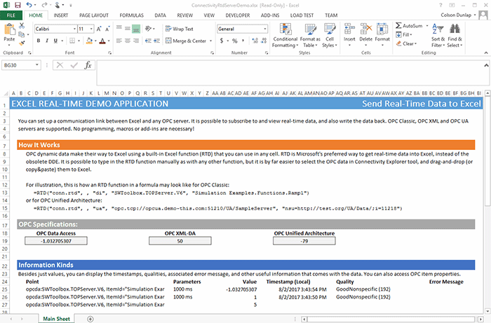 Live OPC Data in Excel using Real Time Data (RTD) Extensions