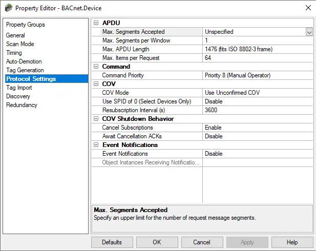 Screenshot BACnet Device Protocol Settings