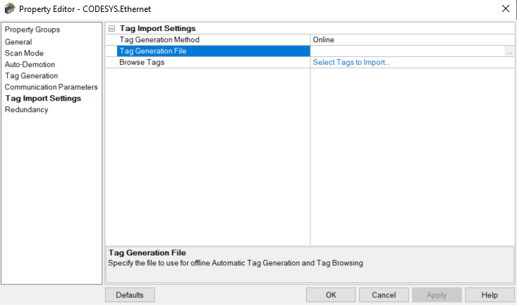 Screenshot CODESYS Ethernet Tag Import Settings