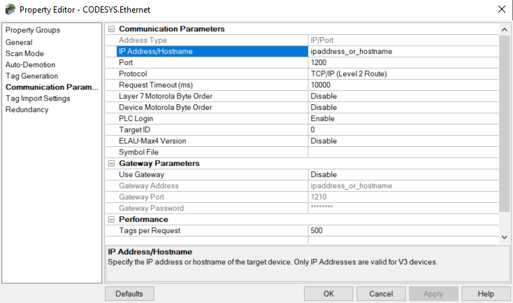 Screenshot CODESYS Ethernet Communication Parameters