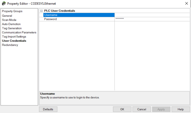 Screenshot CODESYS Ethernet V3 Ethernet PLC User Credentials