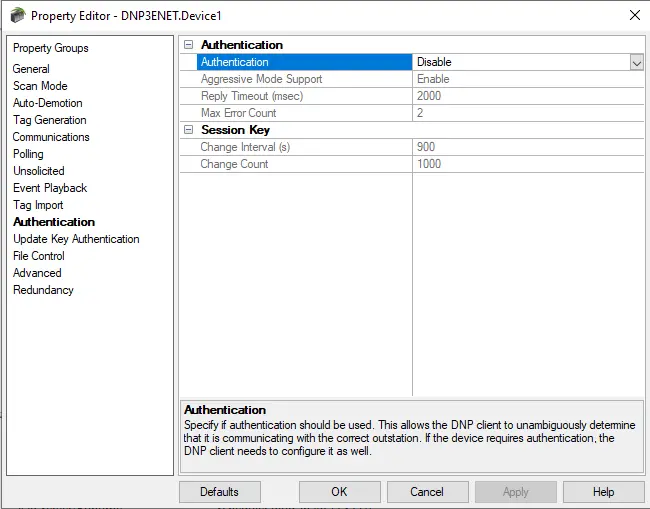 TOP Server DNP Suite Authentication Settings