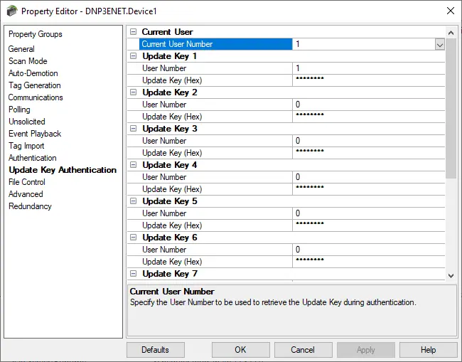 TOP Server DNP Ethernet Update Key Authentication Settings