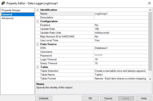 Screenshot DataLogger Plug-In Log Group Configuration