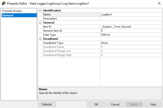 Screenshot DataLogger Plug-In Log Item Configuration