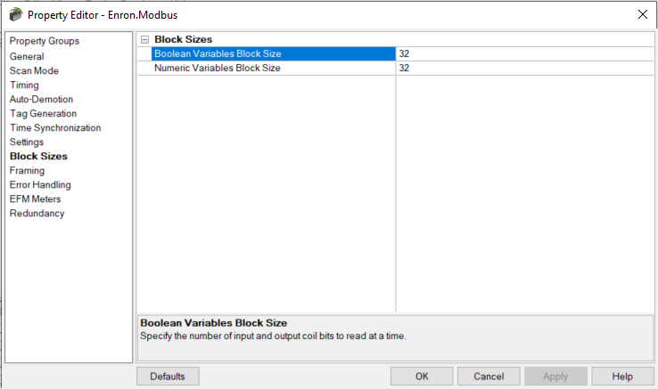 Screenshot Enron Modbus Block Size Configuration