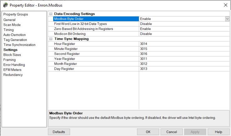 Screenshot Enron Modbus Protocol Settings