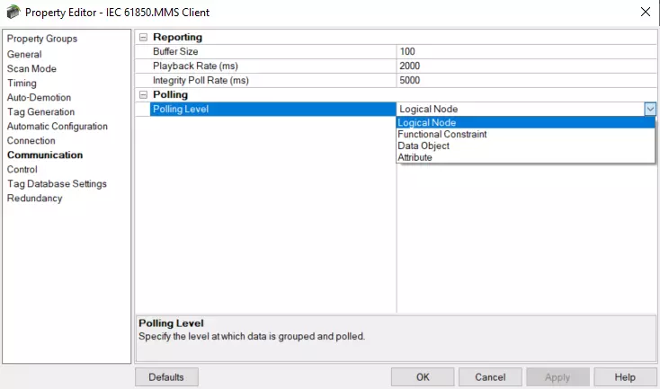 Screenshot IEC 61850 MMS Client Communication Settings