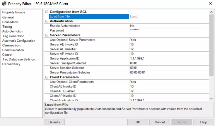 Screenshot IEC 61850 MMS Client Connection Settings