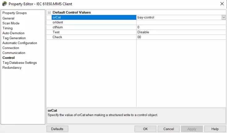 Screenshot IEC 61850 MMS Client Control Settings