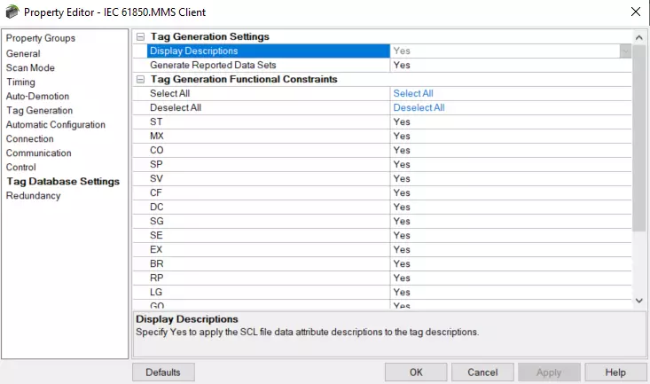 Screenshot IEC 61850 MMS Client Tag Database Settings