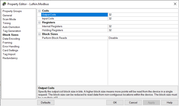 Screenshot Lufkin Modbus Block Size Configuration