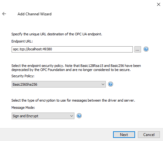 Screenshot OPC UA Client Endpoint Settings