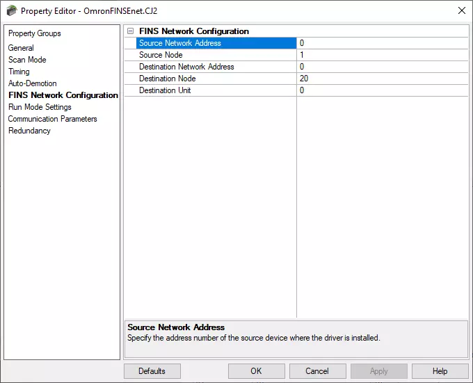 Screenshot Omron FINS Ethernet Network Settings