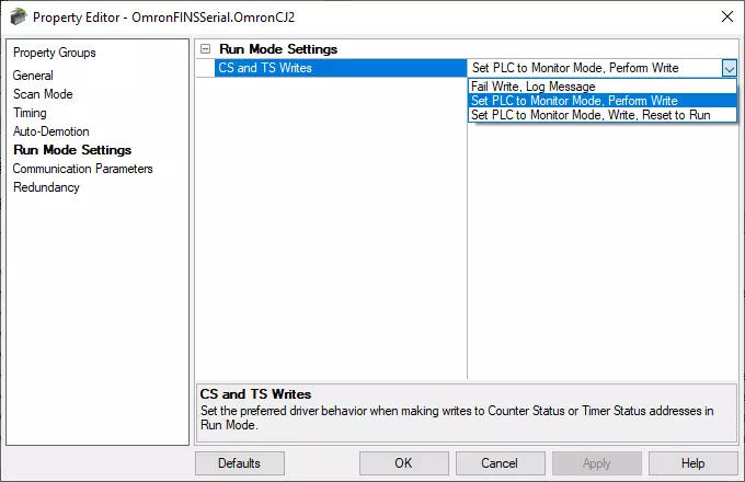 Screenshot - Omron FINS Serial Run Mode Writes